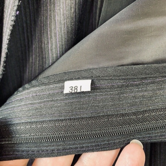 Tom James Wool 2PC Suit Mens 44L Pleated Cuff Pants 38x33 Gray Purple Stripe - Picture 13 of 16